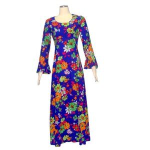 Vintage Maxi Dress Flower Power Print Long Sleeves 60s 70s Park East by Swirl M
